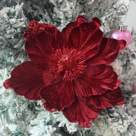 GL-Turelifes Glitter Christmas Flowers Large Velvet Magnolia Artificial Floral Ornaments Pack of 6 Folded Flower for Christmas Tree Decoration Wreath Decor Wedding Centerpiece (Claret Red)