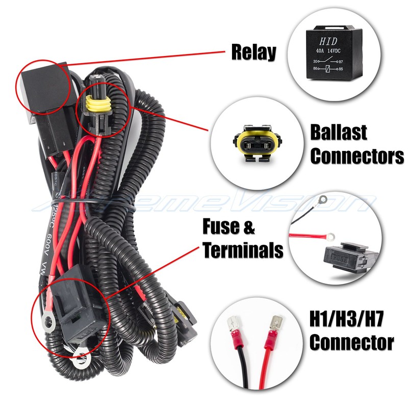 XtremeVision H1/H3/H7 HID Wiring Relay Harness, 12V 40A 35W/55W, Compatible