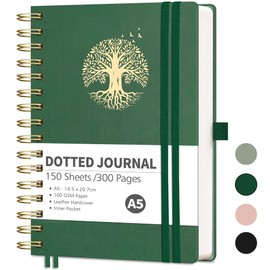 RETTACY Notebook A5 Bullet Dot Journals-Hardback Leather Grid Dotted Journal,Spiral Sketchbook 300 Pages Notepad for Work School,100gsm Thick Paper,Bookmark, Stencils, Inner Pocket - DarkGreen