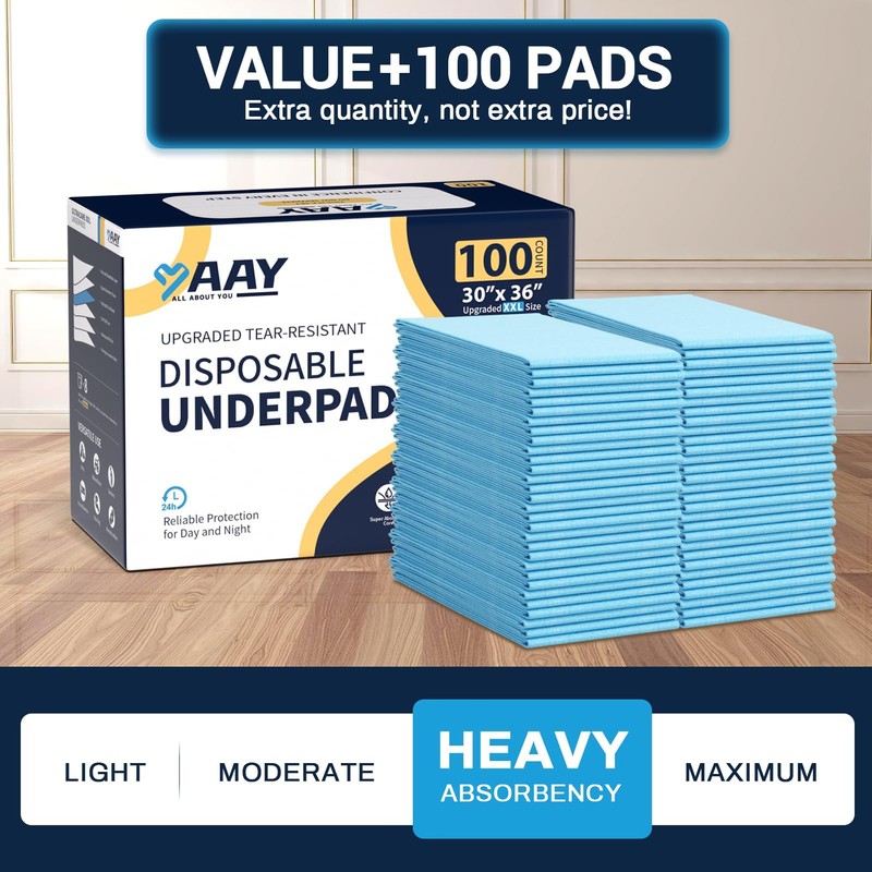 AAY Disposable Bed Pads 30"X36" (100pcs) Tear-Resistant Cloth Backing Underpads