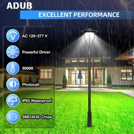 ADUB LED Post Light Outdoor 80W, DLC ETL Listed LED Post Top Pole Light, 11,200 LM Dusk to Dawn Post Lamp 5000K, IP65 Waterproof Commercial Street Fixture for Parking Lot Backyard Garden, 120~277V