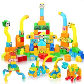Building Blocks Set for Kids 2-5,Building Bricks for Toddler Development and Motor Skills,Blocks Bricks Toys for Ages 1+ Boys and Girls-Compatible with Major Brands,Include Trains,Wheels and Chimneys
