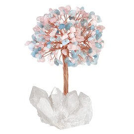 Nupuyai Rose Quartz & Aquamarine Crystal Tree of Life Gemstone Feng Shui Tree with Rock Crystal Druze Rough Stone Base Lucky Tree Money Tree Gift Wedding Feng Shui Decoration