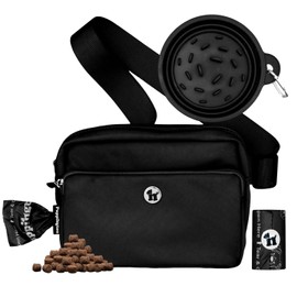 Puppington 3-in-1 Crossbody & Dog Treat Pouch for Pet Training - Matching Compostable Poop Bags, Built-In Poop Bag Dispenser & Slow-Feeding Travel Dog Bowl - Dog Walking Bag (Onyx Black)