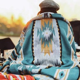 Aztec Patterned Throw Blanket with Soft Sherpa Lining 104”x90”, Traditional Southwestern Navajo Tribal Style Warm Throw for Home Decor, Light Weight Cozy Boho Blanket for Bed, Couch, Sofa, Teal