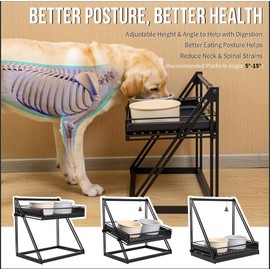 OneTigris Elevated Dog Bowls, Raised Dog Bowls for Medium Large Dogs, Adjustable Height, with Non-Slip Mat No-Spill Baffle, Height Adjustable from 2" to 11" Black (Without Bowl)