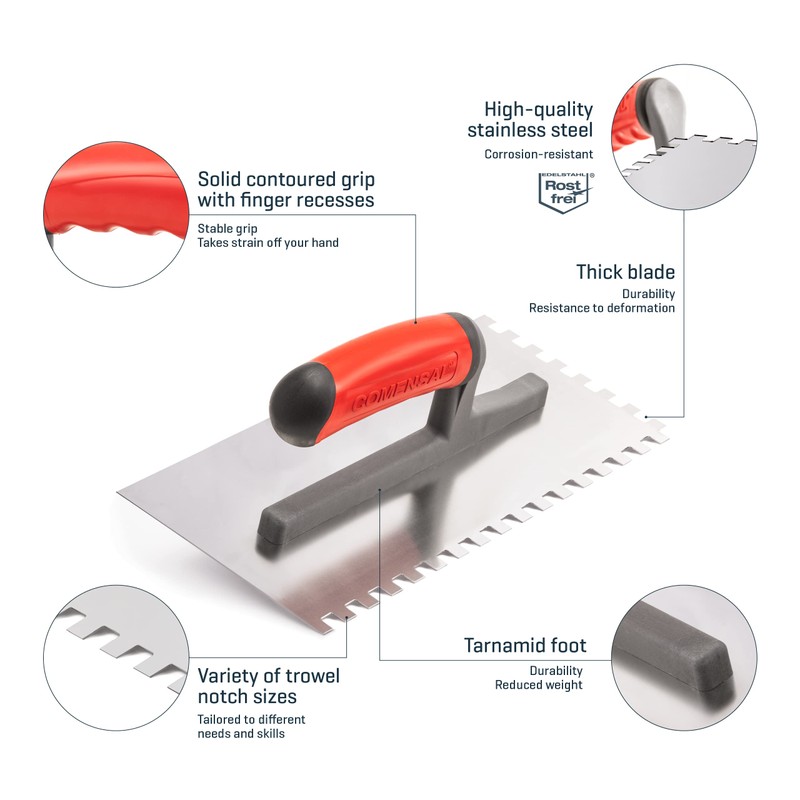 COMENSAL Notched Tiling Trowel 0.4"- Plastering Notched Trowel - Stainless