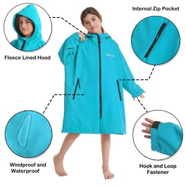 Hiturbo Kids Waterproof Swim Parka: Thin Fleece Swimming Coat - Oversized Swimmer Jacket - Knee Length Swim Team Outfit (9-13Y, Teal)