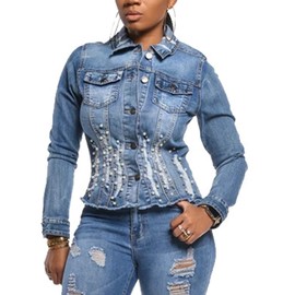 SeNight Women's Jean Jacket Long Sleeve Classic Destroyed Fray Hem Tassels Denim Trucker Jackets (X-Large, Denim LightBlue-1)