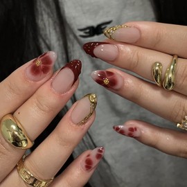 24pcs Short Almond False Nails French Tip Burgundy Press on Nails 3D Flower Stick on Nail with Gold Pearl Design Removable Glue-on Acrylic Fake Nail Tips Accessories for Women