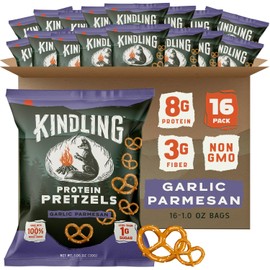 Kindling Protein Pretzels - Garlic Parmesan | Protein-Packed Snack Size Bags | Kosher | 8 - 9g Protein Per Serving | Only 1-2g of Total Sugar | No Artificial Flavors, Soy-Free | Lunches, Office Snacks, & On-the-Go | 16-Pack (1.06oz Bags)