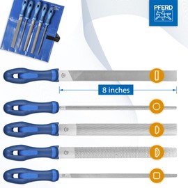 PFERD 5-Piece 8" Machinist File Set – Bastard Coarse Cut – With Ergonomic Handles & Plastic Pouch – For Universal Roughing & Finishing – Part 16078