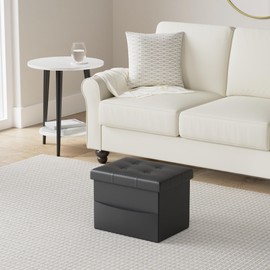 FujDun® 17 Inch Folding Storage Ottoman Foot Rest Footstool with Side Pocket,Leather Ottoman Seat for Living Room Bedroom or Dorm,Padded with Thick Sponge,17X13X13in Black