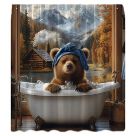 Rustic Cabin Bear Shower Curtain Funny Wildlife in Bathtub Forest Mountain Nature Scenery Vintage Farmhouse Lodge Country Cute Wild Animal Camping Bath Curtain with Hooks