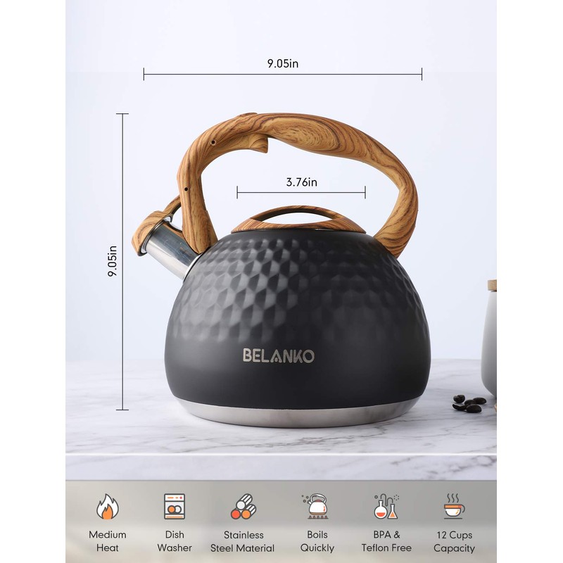 Tea Kettle, 3 Liter BELANKO Teapot Whistling Kettle with Wood