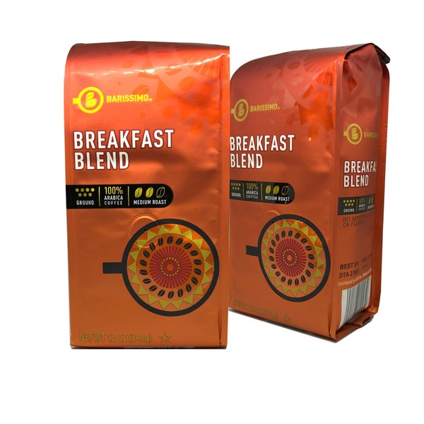 BARISSIMO Breakfast Blend 100% ARABICA Ground Coffee 2-12oz Pack / One-way Freshness Valve Package (Breakfast Blend, 2 Count)