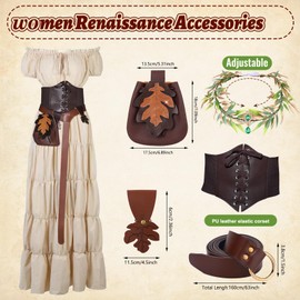 IDEWEI 7 Pcs Renaissance Costume Women-3 Minute Quick Ren Faire Costume with Renaissance Dress Corset Belt Flower Crown Headband Leather Skirt Hikes Leaf Belt Bag-Ren Faire/Medieval Accessories(S)