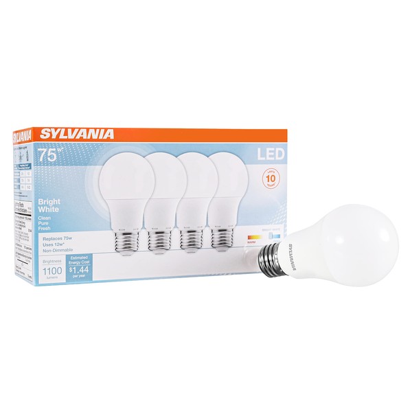 SYLVANIA LED A19 Light Bulb, 75W Equivalent, Efficient 12W, Frosted Finish, 1100 Lumens, Bright White - 4 Pack (78099)