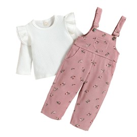 infant Girl spring Outfits 6-12 Months white ribed long Sleeve falbala Tshirt tops pink print Overalls pants sets 2pcs