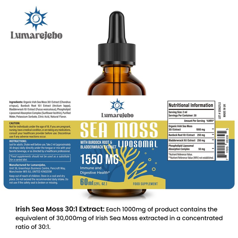 Liposomal Irish Sea Moss Drops 1550MG, with Burdock Root and