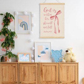 QROZIAR Christian Bible Verse Wall Decor Canvas Posters, God Is Within Her Wall Decor with Wooden Frames, Christian Gifts for Women, Coquette Pink Bow Wall Hanging Banner Decor, 12x16 Inch