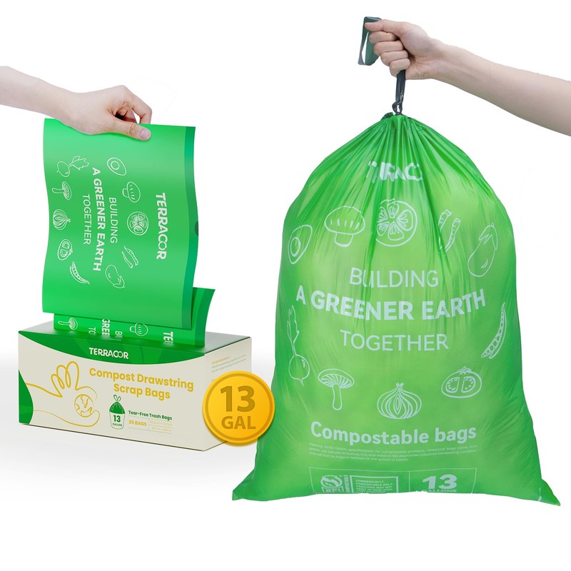 TERRACOR 13 Gallon Compostable Trash Bags Drawstring, Heavy Duty Extra