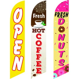 Cobb Promo Open Restaurant Swooper Flutter Feather Flags & Poles 3 Pack Fresh Hot Coffee & Donuts Feather Flag Eye Catching Banner Sign for Business and Marketing Complete Set of Three with 15 ft Pole Kits and Ground Spikes