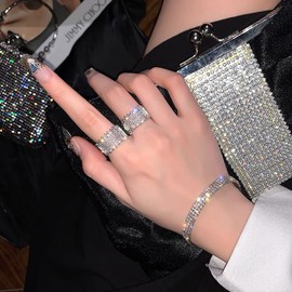 IMINI Multi Layers Hollow Finger Band Skarkling Rhinestone Crystal CZ Open Statement Rings Promise Engagement Ring Wedding Bands Adjustable Fashion Jewelry Gifts for Women Girls