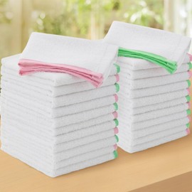 Dishcloths for Kitchen, 24PC Reusable Cleaning Rag Set, 12"x12" - 100% Cotton | 500GSM | No-Odor | Soft | Washable | Absorbent, Terry Washcloths for Washing Dishes, White Bar Towels, Green + Pink Trim