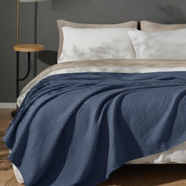 PHF 100% Cotton Waffle Weave Blanket King Size for Bed,Snag Proof Lightweight Breathable Moisture-Wicking Throw for Couch,Great for Layering in Cold Weather,Machine Washable,Home Decor Gift-Dark Navy