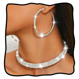 Nicute Rhinestone Necklace Jewelry Set Silver Necklace and Hoop Earrings Crystal Wedding Jewelry for Women (Silver)