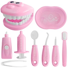 9-Piece Dental Pretend Play Set, Educational Dentist Play Kit with Teeth Model, Toothbrush, Dental Mirror, Syringe, Toothpaste, Tray, and Dental Tools, Fun Pretend Play Doctor Kit for Kids (Pink)