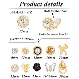 Tornito 10 Pairs Clip On Earrings Round CZ Pearl Twist Knot Bowknot Rose Flower Butterfly Heart Crystal Non Pierced Earrings Clip on Stud Set for Women Gold Tone