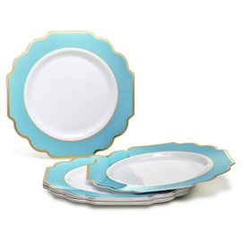 OCCASIONS 360 Pcs set (60 guest) Wedding Disposable Plastic Plate and Silverware Combo 10.5" + 8" + Silverware (Double Fork) (Imperial in White/Aqua & Gold Rim, Gold Silverware)