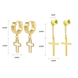 Hinvan Cross Earrings for Men 6 Pairs, Men Earrings Hoop, Women Earrings Cross, Stainless Steel Small Huggie Hinged Hoop Earrings for Women Men Stud Earrings Hanging Dangle Earrings Piercing (Gold)