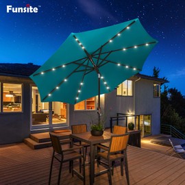 Funsite 9ft Patio Umbrella with Solar Lights, Outdoor Umbrella with 24 LED Solar Umbrella Lights, Solar Patio Umbrella with Push Botton Tilt & Crank Ideal for Garden, Deck, Backyard & Pool, Teal Green