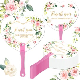 Whaline 50 Pcs Wedding Floral Hand Plastic Fans Flower Thank You Favors Fans Handheld Pink Rose Double-Sided Fans with Handle for Wedding Ceremony Bridal Shower
