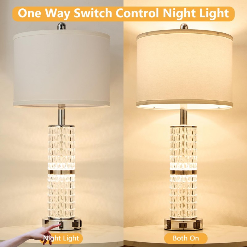 SAIWEYA Crystal Table Lamps Modern 3-Way Dimmable Bedside Lamp with