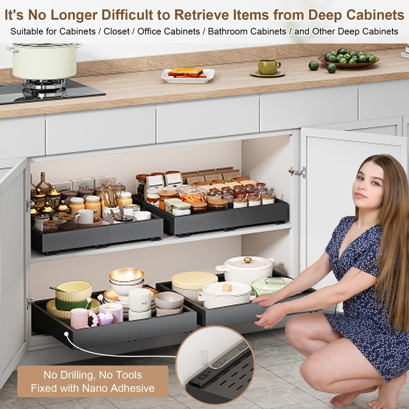 Pull out Cabinet Organizer,Expandable Width(15"-21") and Depth(17"-24") with 3 Rails,Roll