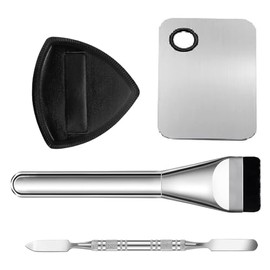 VANANA Pack of 4 Makeup Brush Set - Thin Flat Foundation Brush, Makeup Sponge Cosmetic Puff, Stainless Steel Mixing Palette & Spatula - Smooth & Flawless Application (Silver, Pack of 4 Pieces)