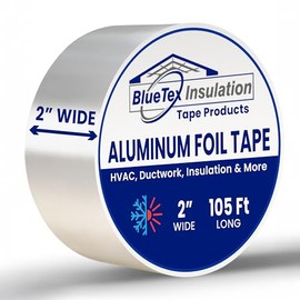 BlueTex InsulationㅤHVAC Aluminum Foil Tape 2 inch x 35 Yards (105 feet) 4 mil, Heavy-Duty Silver Duct Tape Metallic, High/Low Temperatures Aluminum Tape for Ductwork, Insulation & Vapor Barrier Seams