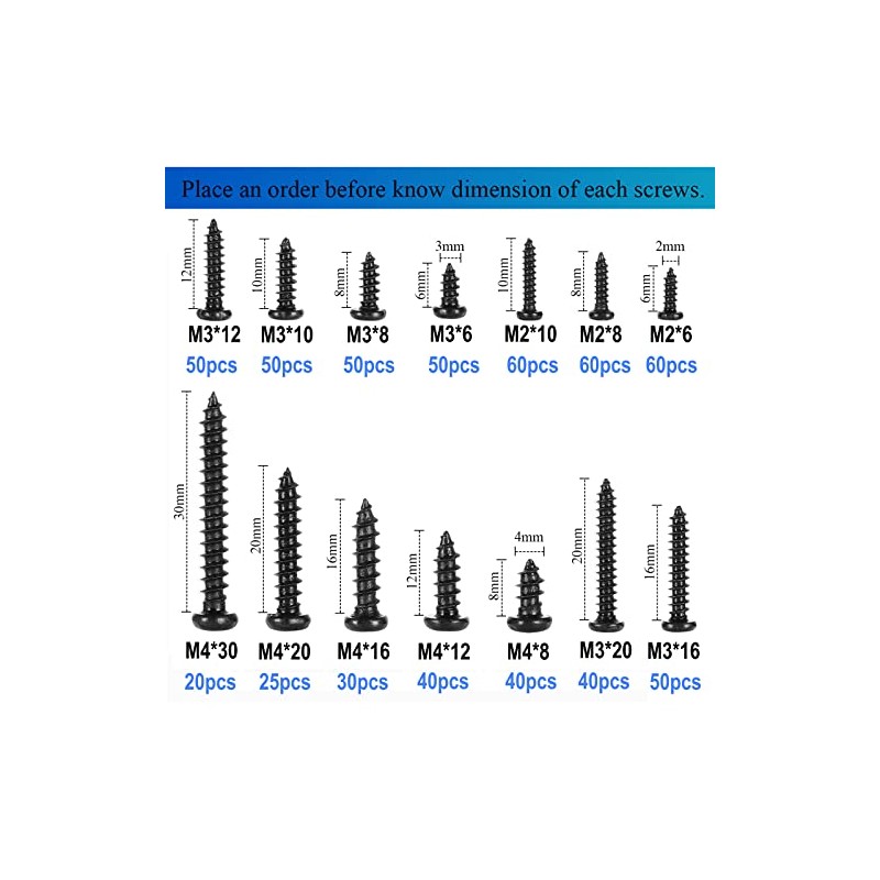 625pcs M2 M3 M4 Phillips Pan Head Self-Tapping Wood Screws,14