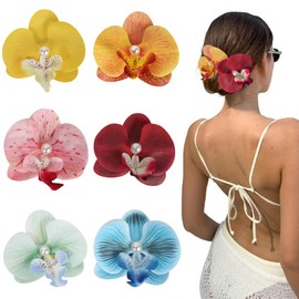 6-Pack Flower Hair Clips - Hawaiian Tropical Orchid Hair Clips Bohemian Hairpins with Artificial Silk Flowers for Women Beach Wedding Accessories &Summer Vacation（Yellow Red Blue）