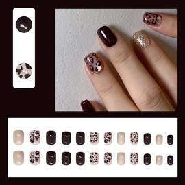 24 Pcs Spring Brown Press On Nails Short Square,YEFIUO Cat Eye Fake Nails Press ons Glass Bead Glitter Nail Art Tips Acrylic Nail Kit Glue on Nails Full Cover False Nails with Leopard Design for Women