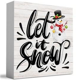 Rustic Winter Merry Christmas Tree Wood Box Sign, Let It Snow Farmhouse Christmas Santa Artwork Decor, Wood Square Sign Desk Block Signs Home Shelf Office Decoration 5 x 5 Inches