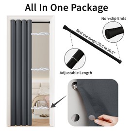 Vatge Magnetic Closet Curtain with Rod - W42 x L80, 1 Panel, Gray, Room Darkening Privacy Doorway Curtains for Open Bedroom, Temporary Door for Hallway