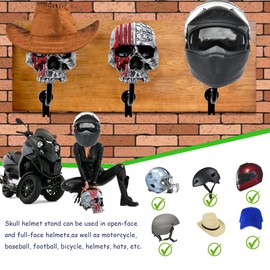 Tooyuart Motorcycle Helmet Rack Wall Mount,Red Skull Helmet Holder Wall Mount with 2 Hooks Helmet Hanger for Coats, Caps, Baseballs and Rugby Helmet,Motorcycle Accessories