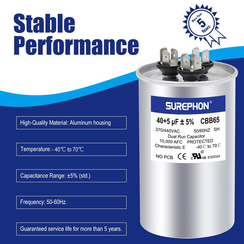 SUREPHON 40+5 uF 40/5 MFD ±5% 370V/440VAC Dual Run Start