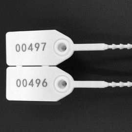 Etiquetas de envío de plástico Pull-Tite de 250 mm con sellos de seguridad desechables numerados (paquete de 100) (color blanco)