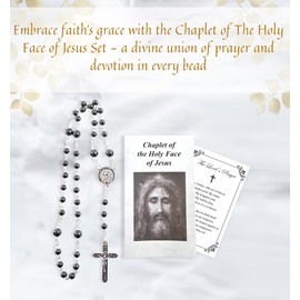 Chaplet of The Holy Face of Jesus - The Lord's Prayer Card - Black Hematite Holy Face Chaplet Rosary Beads - Holy Face Medal Rosary with Guide - Coronilla de la Santa Faz de Jesus - 2 Items Total